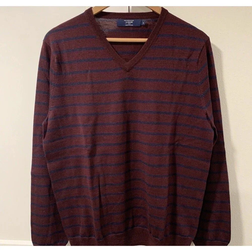 J Crew Sweater Men's Size S Striped Pullover Knit 100% Merino Wool V-Neck Adults